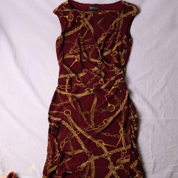 Lauren Ralph Lauren Dresses & Skirts - Lauren Ralph Lauren Burgundy Equestrian Chain Print Faux Wrap Sheath Dress 8